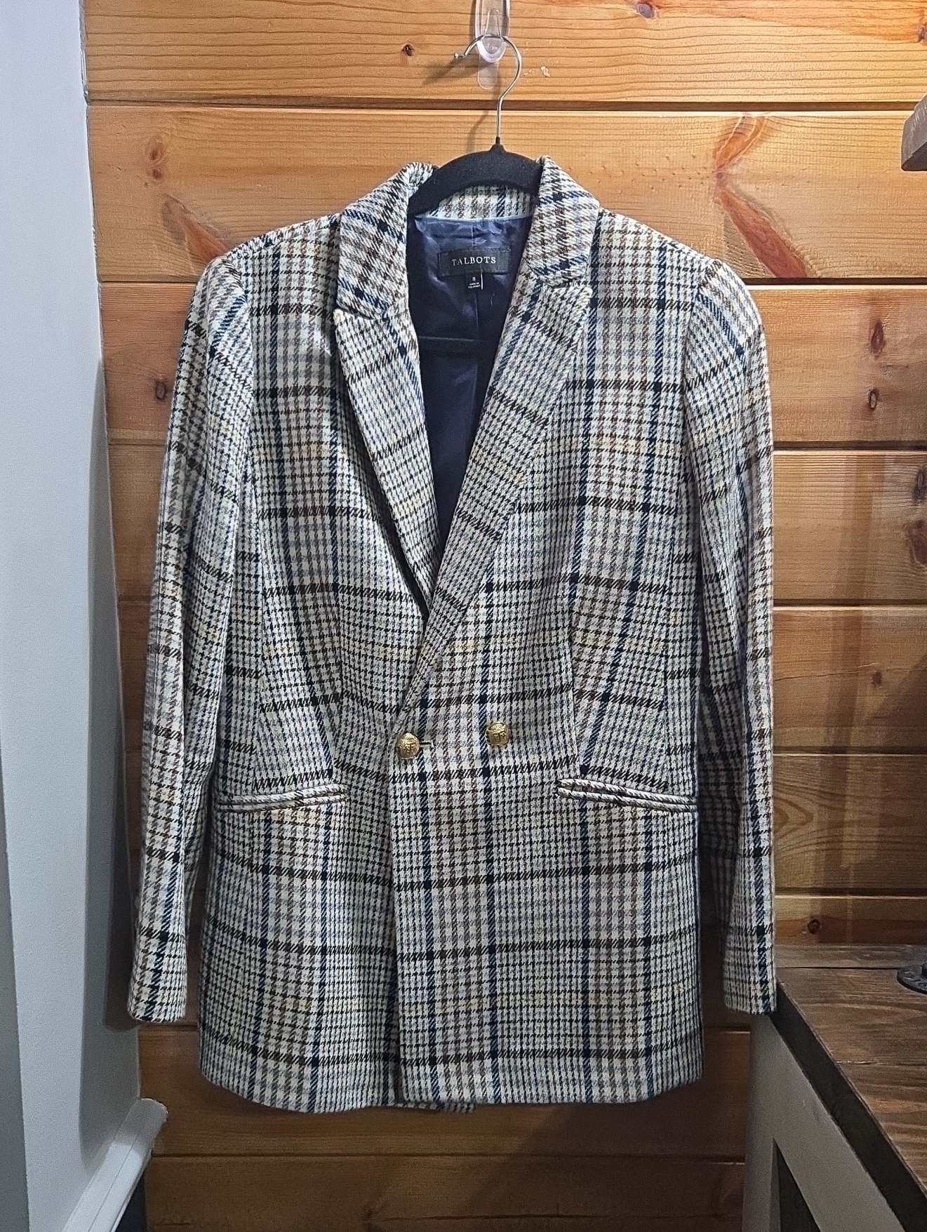 Talbots Double-Breasted Plaid Blazer In Beige And Navy Size 8